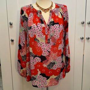 Chiffon Floral Print Long Sleeves V Neck Top Size Small